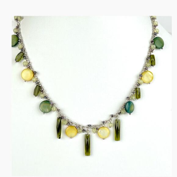 Lia Sophia Sea Grass Necklace Mother Of Pearl Discs Dangling Green White Beads - Picture 6 of 8